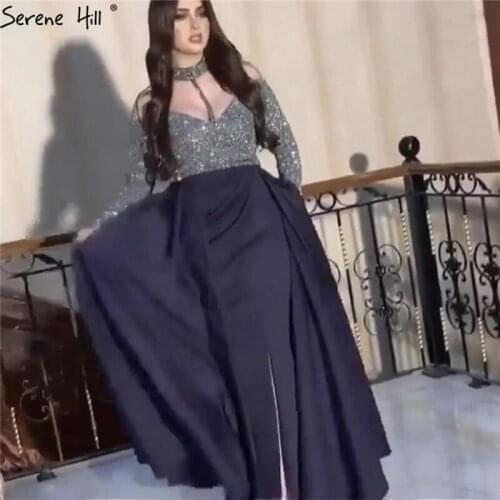 Dubai Off Shoulder Navy Blue Prom Dresses 2020 Long Sleeves Sequined Satin Prom Gowns Serene Hill BLA60939