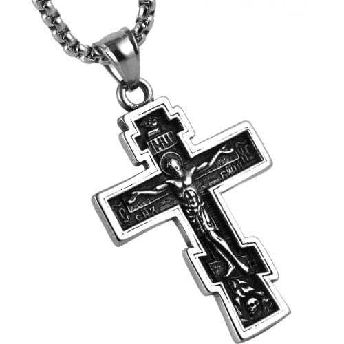 HZMAN Vintage Orthodox Cross Crucifix Stainless Steel Pendant Necklace 22+2 Inches Chain, Colour Silver Gold Black