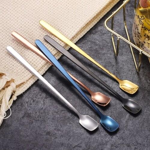 2 PCS 304 stainless steel square head spoon titanium plated golden mug spoon long handle stirring spoon honey creative ice spoon