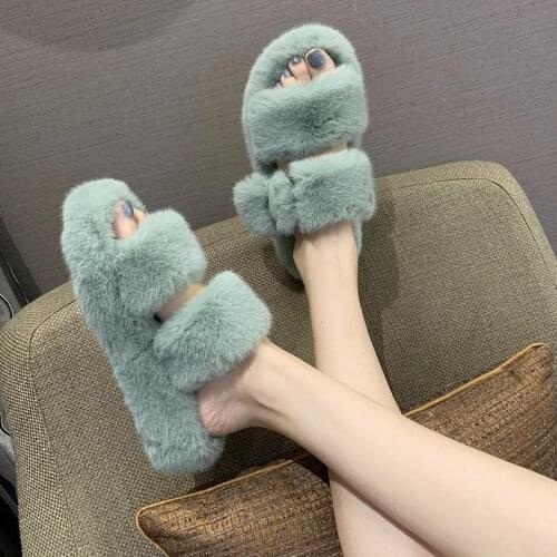 Furry Slippers Women Indoor Flat Fluffy Slippers Platform Shoes Winter Fur Slippers Home Women Casual Fashion Warm Thick Sole