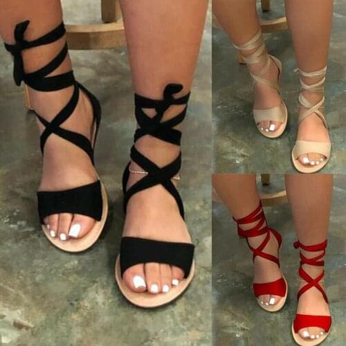Fashion Women Strappy Sandals Flat Solid Color Lace Up Summer Beach Casual Shoes -OPK