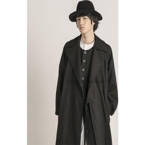 Mens long dark black loose coat simple lapel design windbreaker