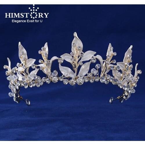 HIMSTORY Delicate Handmade Vintage Gold Color Leaf Crown Tiaras Wedding Crown Pearl Crystal Hair Jewelry Vintage Bridal Headband