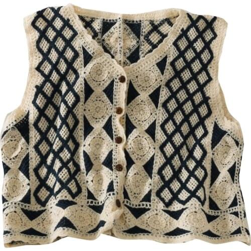 New Checkered Cardigan Knitted Retro Hollow Out Perspective Short Section Single-breasted V-Neck Sweater