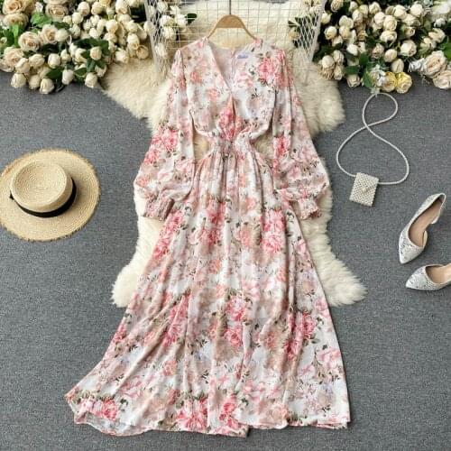 2021 Spring Summer Floral Print Long Dress Women Fashion V-neck Full Sleeve Elastic Waist Hollow Back Bohemian Beach Maxi Dress