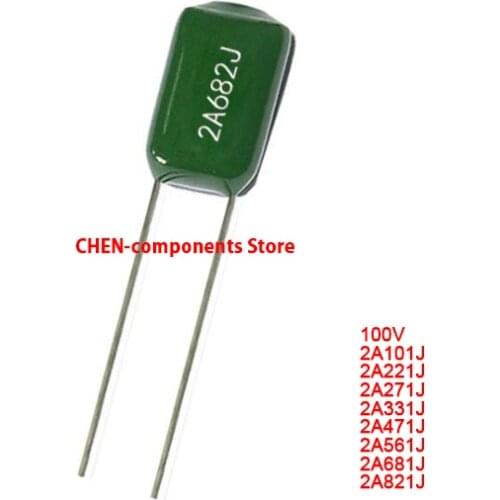 50pcs Polyester film capacitor 100V 2A101J 2A221J 2A271J 2A331J 2A471J 2A561J 2A681J 2A821J 100PF 220PF 330PF 470PF 560PF 680PF