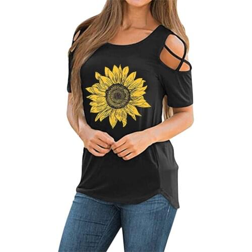 Sunflower Black Tunic Shirts For Ladies Plus Size Female Tops Women Casual Printing Shirts Short Sleeve Loose Tops Tunic Blouse