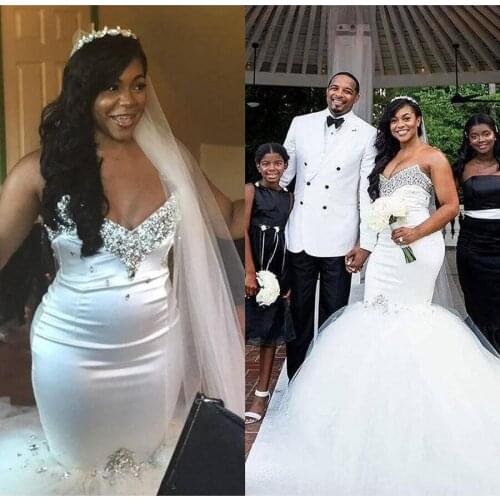 Luxury Crystals Mermaid Wedding Dresses 2021 Sexy African Tulle Skirt Court Train Bridal Gowns Backless Plus Size dress