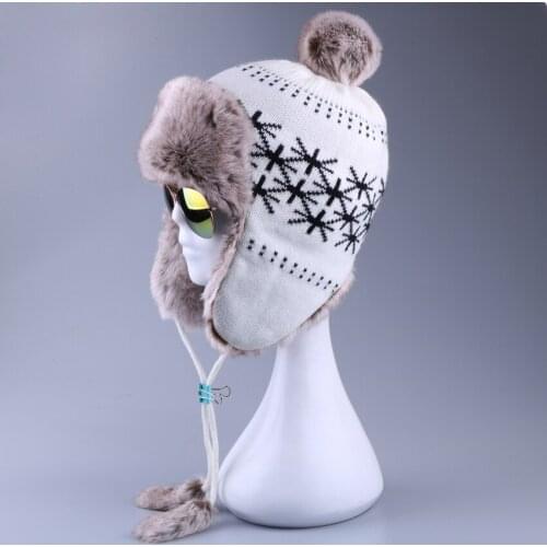 Russian Winter Hat Wool Knit Women Ushanka Pompom Earflap Bomber Hat Faux Fox Fur Windproof Snow Ski Cap Aviator Trapper