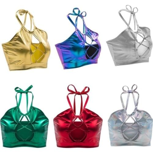 Sexy Women Spaghetti Strap Tops Halter Shiny Hollow Out Sex Bra Exotic Camisole Tank Tops Clubwear Bandage Sleeveless Crop Tops