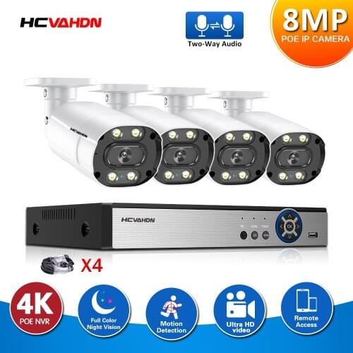 HCVAHDN CCTV Security Camera Surveillance System Kit 8MP POE 4CH NVR Outdoor Two-way Audio Color Night Vision 8mp Camera Set