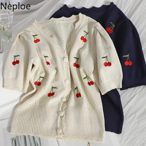 Neploe Sweet Embroidery Cherry Sweater Women V-neck Short Sleeve Cardigan 2021 Summer Korean Hollow Out Cropped Knitted Tops