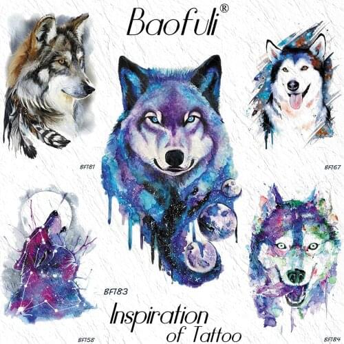 Baofuli Galaxy Wolf Planets Star Tree Watercolor Purple Temporary Tattoo Tribal Moon Waterproof Tatoo Body Art Arm Tattoos