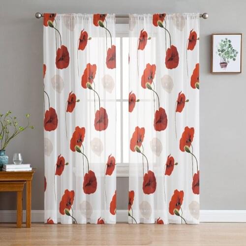 Flower Red Poppy White Sheer Curtains for Living Room Bedroom Kitchen Tulle for Windows Voile Drapes Home Decoration