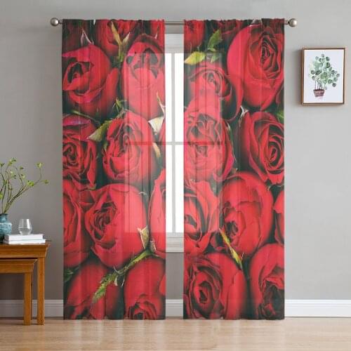 Red Roses Flower Window Treatment Tulle Modern Sheer Curtains for Kitchen Living Room the Bedroom Curtains Decoration