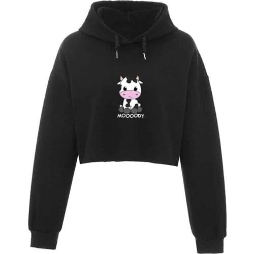 Black Crop Top Long Sleeve Pullover Hoodie Cow Print Top Cute Clothes Kawaii Harajuku Sweatshirt Women Cotton Korean Fashion