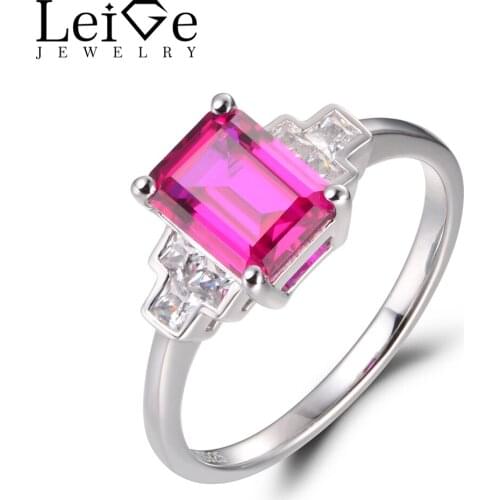 Leige Jewelry Ruby Rings Anniversary Rings Emerald Cut Red Gemstone Rings July Birthstone 925 Sterling Silver Vintage Rings