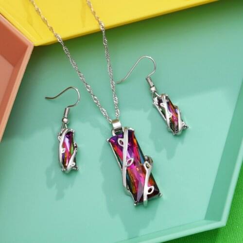Fashion Vintage Transparent Glass Rhinestone Colorful Silver Plated Metal Drop Dangle Earring Necklace Jewelry Set Wholesale INS