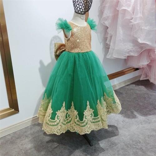 Real Picture Green Girls Dresses Gold Sequined Applique Lace Flower Girl Dress Princess Birthday Dress Size 1-16Y