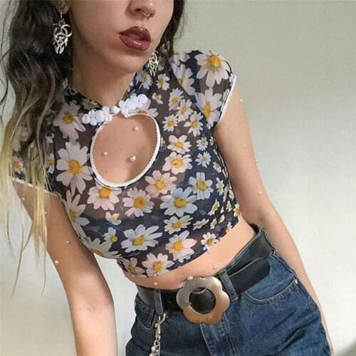 Herstory Summer Gothic Sexy Club Punk Black Elegant Women T-shirts Casual Slim Floral Hollow Mesh Button Print Office Lady Tops