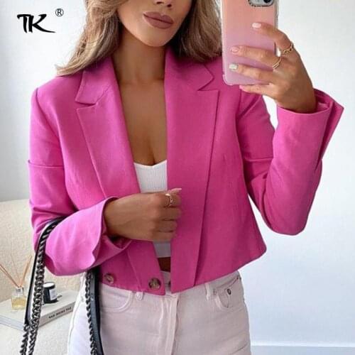 Women Pink Blazers Turn-down Collar Long Sleeve Cropped Blazer Ins Autumn New Fashion Chic Casual Office Ladys Slim Tops 2021