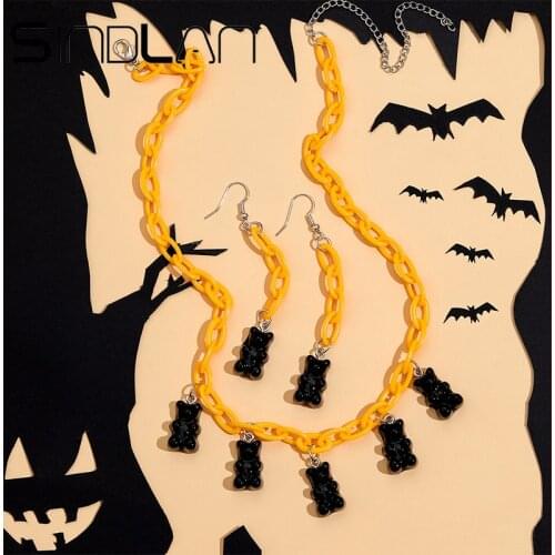 Halloween Yellow Acrylic Chain Pendant Necklace for Women Funny Cute Black Bear Drop Earrings Female Gift Jewelry Set Collar Y2k