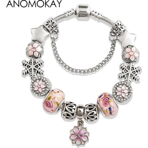 Romatic Pink Cherry Blossoms Enamel Charm Bracelets for Women Silver Color Snake Chain Bead Bracelets & Bangles Pulsera