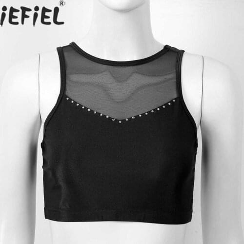 Women Dance Top Costume Sleeveless Sexy See Through Mesh Back Cut Out Shiny Rhinestones Crop Tanks Tops Dancewear Rave Clothes
