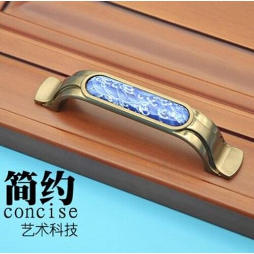 96mm Creative fashion vintage bronze furniture handles white and blue porcelain kitchen cabinet drawer dresser pull ceramic knob
