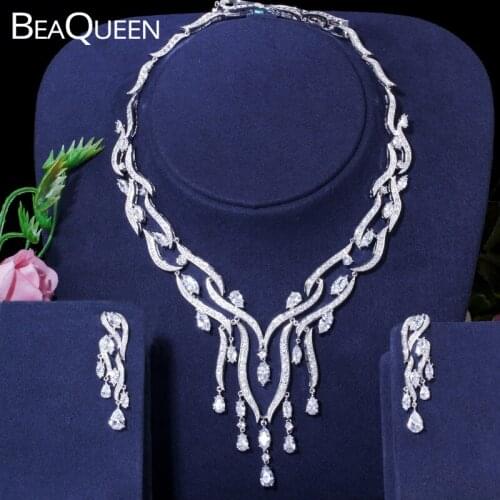 BeaQueen Shiny Water Drop Cubic Zirconia Long Tassel Necklace Earrings Wedding Jewelry Sets for Women Costume Jewellery JS222