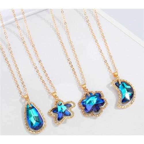 1Pcs Shiny Crystal Star Moon Necklace For Women Jewelry Minimalist Hollow Bling Water Drop Snowflake Geometric Clavicle Chain