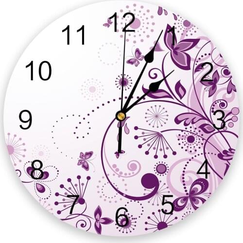 Flowers Butterfly Branches Purple White Living Room Clock Wall Round Clocks Decor Home Bedroom Kitchen Decoration Wall Clocks