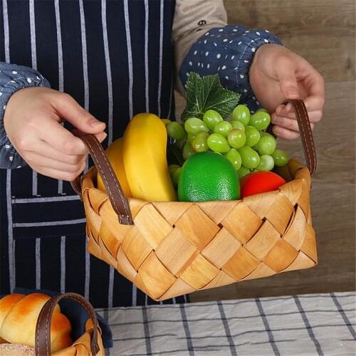 Handmade Wooden Storage Basket Japanese Round Bread Fruit Storage Wooden Storage Basket Desktop Finishing Box With Handle