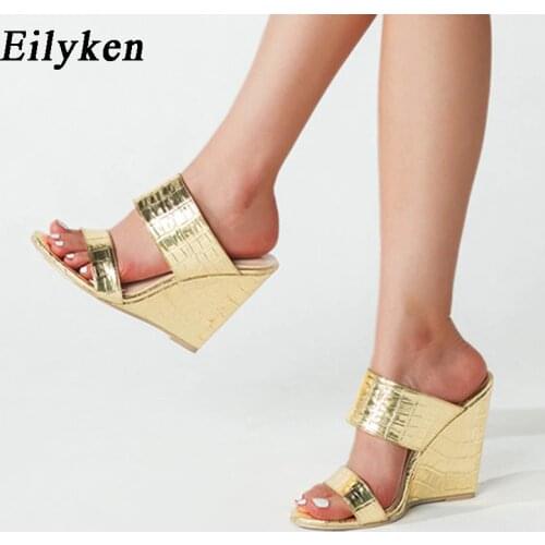 Eilyken Sxey Golden Snake Print Pu Leather Women Slippers Summer Open Toe Ladies Sandals Fashion Wedge Heels Party Shoes