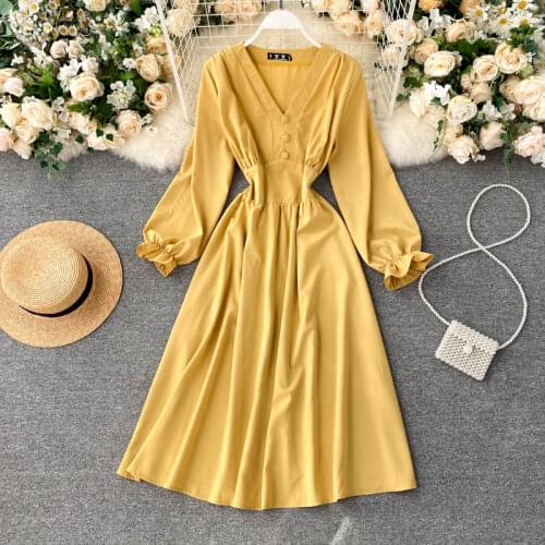 Elegant Women Dress 2020 New Spring Autumn Slim High Waist Sexy V Neck Dresses Ladies Vintage Boho Dress Long Robe