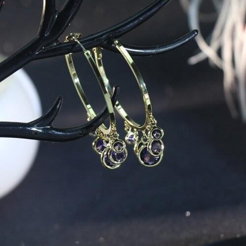 Purple/Green/Pink Cubic Zirconia Circle Hoop Earrings Simple Party Gold Plated Round Loop Drop Earrings for Women Jewelry YEA468