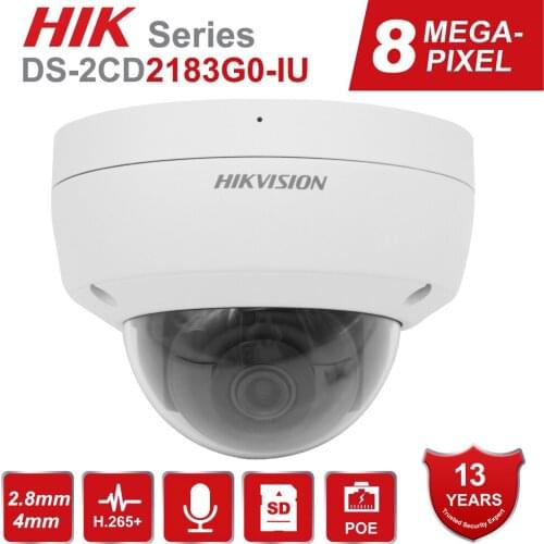 Hikvision 8MP POE IP Camera 4K Dome DS-2CD2183G0-IU Built-in Microphone for Real-time Audio Security H.265+ Indoor/Outdoor IK10