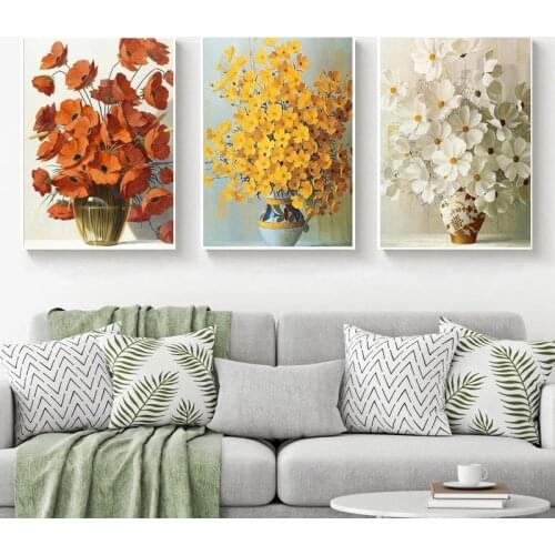 Canvas Painting Modern Minimalist Potted Red Yellow Orange Flower Poster and Print Wall Art Picture for Living Room Home Decor