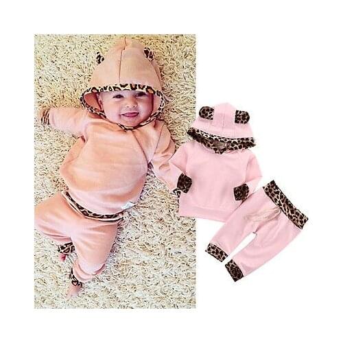 Toddler Newborn Baby Girl Clothes Leopard Side Pink Coat Hoodie Top Sweatshirt Pants Leggings Outfits Set