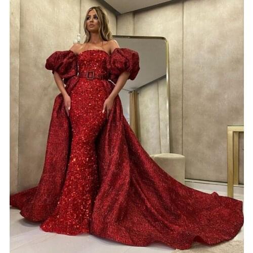 Red Sequin Evening Dresses Sweetheart vestidos formales Mermaid Prom Dress with Detachable Train Party Gowns robe de soirée 2021