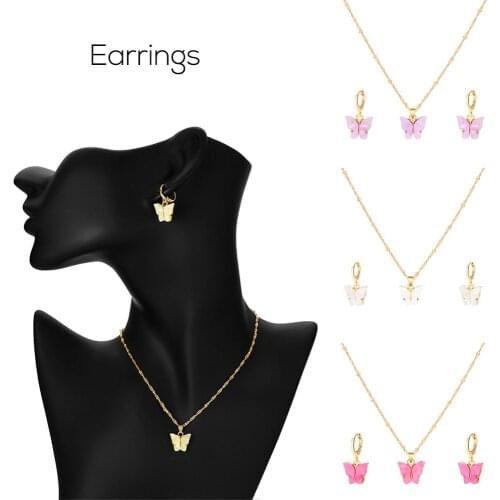 Fashion Gold Rose color Rhinestone shiny Butterfly Wing Ear Studs Colorful Futterfly Earrings Necklace Jewelry Women gift