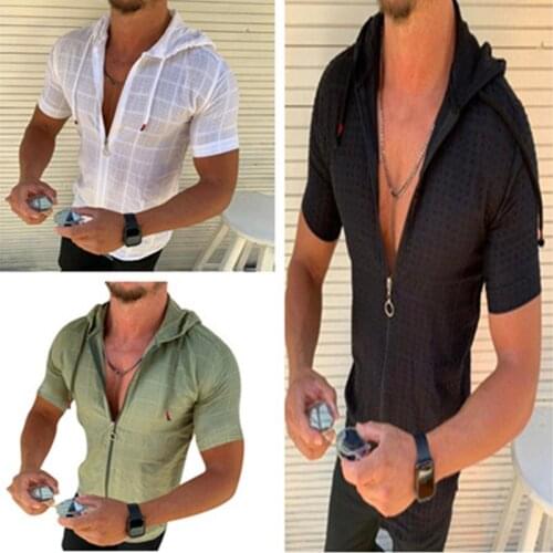 2021Shirts For Men Grid Shirt SummerMens Casual Shirt Short sleeve Formal Dress Zipper Shirts Men Jogging Hooded Shirt Clothing