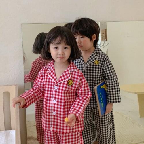 Girl Boys Pajamas Suits Tops+ Pants 2Pcs/Sets 2021 Plaid Spring Autumn Cotton Nightwear Homewear Sleepwear Children Clothing