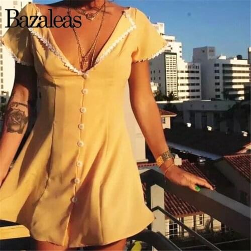 Bazaleas A-line Ruffles Appliques mini vestidos Casual Center White Buttons Women Dress Vintage Yellow Slim Dresses
