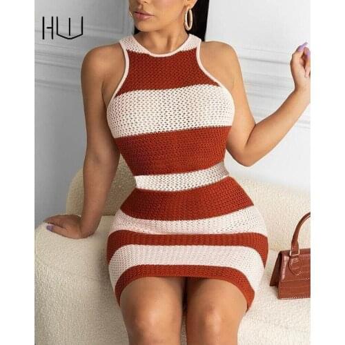 Dresses for Women 2021 Womens Clothing with Free Shipping Knitted Dress O Neck Sleeveless Wide Striped Sweater Bodycon Dresses