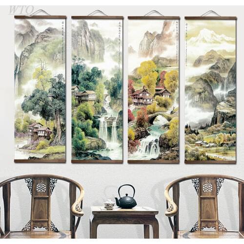 Chinese Traditional Style Four Seasons Landscape Retro Posters Canvas Painting Wall Decor Posters Wall Art Picture Home Decor