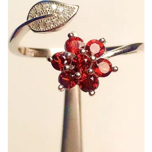 Size Adjustable Leaf Ring for Party 3mm Natural Garnet Silver Ring Solid 925 Silver Garnet Ring Fashion Silver Garnet Jewelry
