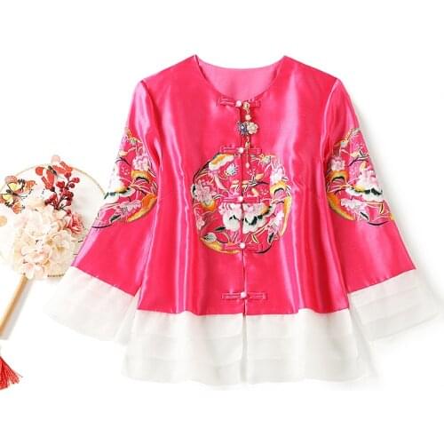 Chinese Style Single-Breasted Jacket Female Spring And Autumn Retro Embroidery O- Neck Three Quarter Sleeve Lady Short Top S-XXL