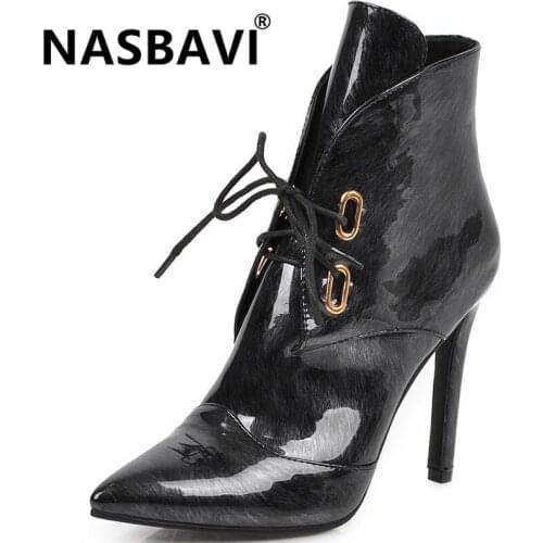 New Europe and America Women Boots Pointed Ankle Winter Boots For Women Autumn Winter High Heel lacing PU Leather Women Boots