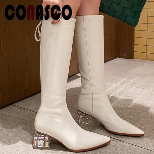 CONASCO Concise Sexy Women Knee High Boots Autumn Winter Warm Cow Leather Party Prom Office Boots New Brand Design Shoes Woman